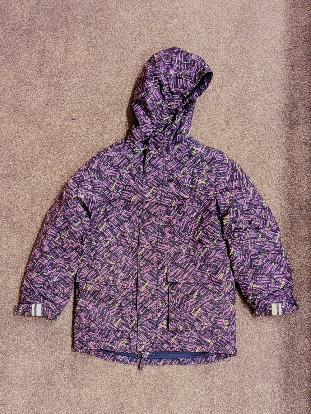 Lands' End Squall Parka -Purple Patterned Hooded Puffer Jacket with Lime Accents